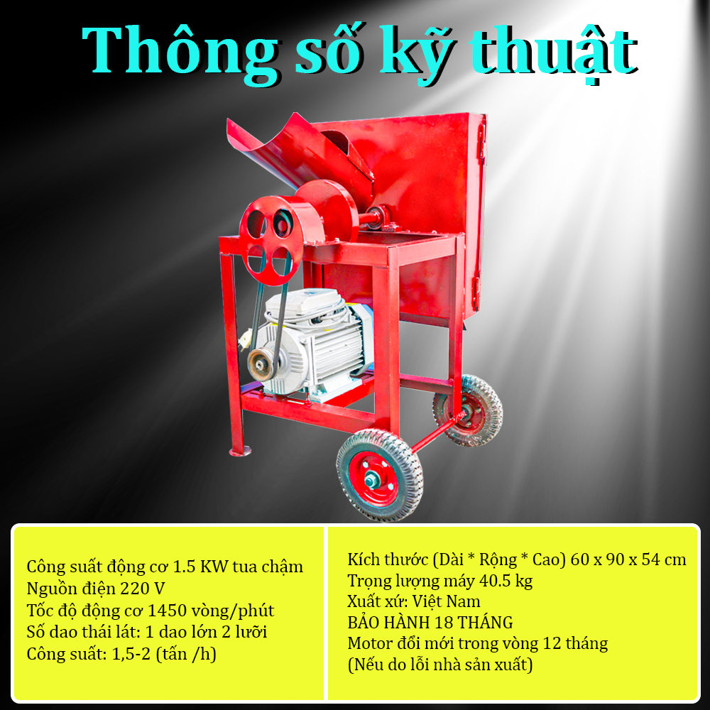 Máy thái rau chuối Takyo TK 1800 trang bị công suất lên tới 1.5 kW, tốc độ vòng quay 2950 vòng/phút, mô-tơ 100% lõi đồng  