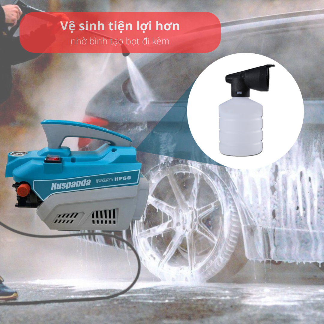 Máy rửa xe cao áp Huspanda HP 60 có bình bọt tuyết sẽ giúp máy rửa xe được dễ dàng hơn, quá trình xịt rửa nhanh chóng.