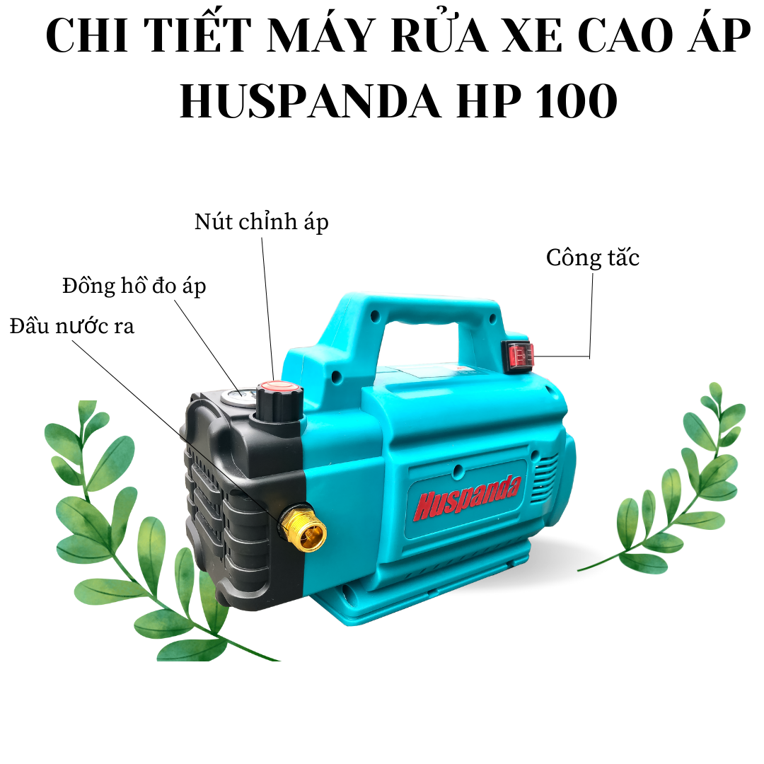 Máy rửa xe Huspanda HP 100 có nút chỉnh áp để điều chỉnh trực tiếp áp lực, đồng hồ hiện thị trực tiếp áp lực ngay trên thân máy, có đầu nước vào và ra được làm bằng kim loại