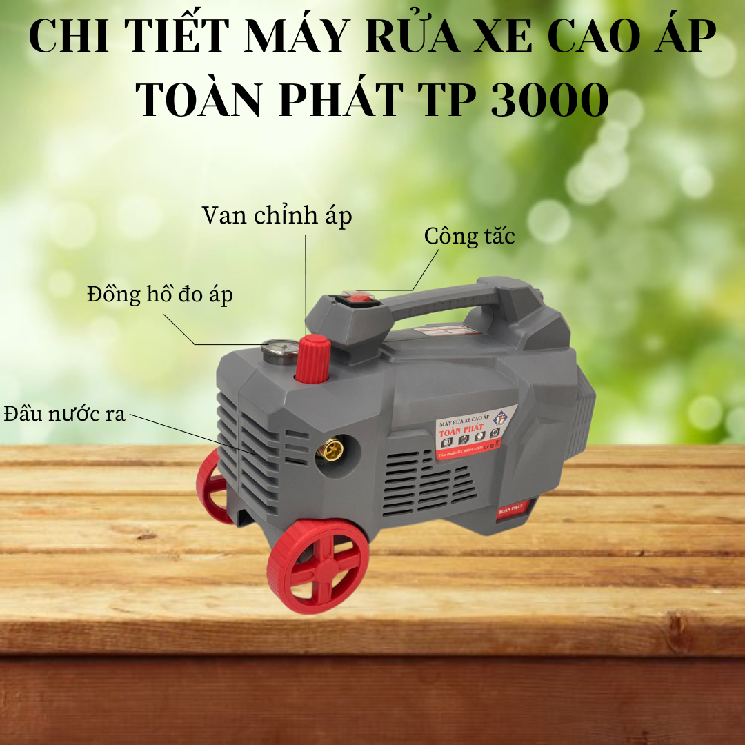 Máy rửa xe cao áp Toàn Phát TP 3000 có van chỉnh áp, đồng hồ đo áp lực, đầu nước vào và đấu nước ra với thiết kế dễ dàng lắp ráp cho người sử dụng.