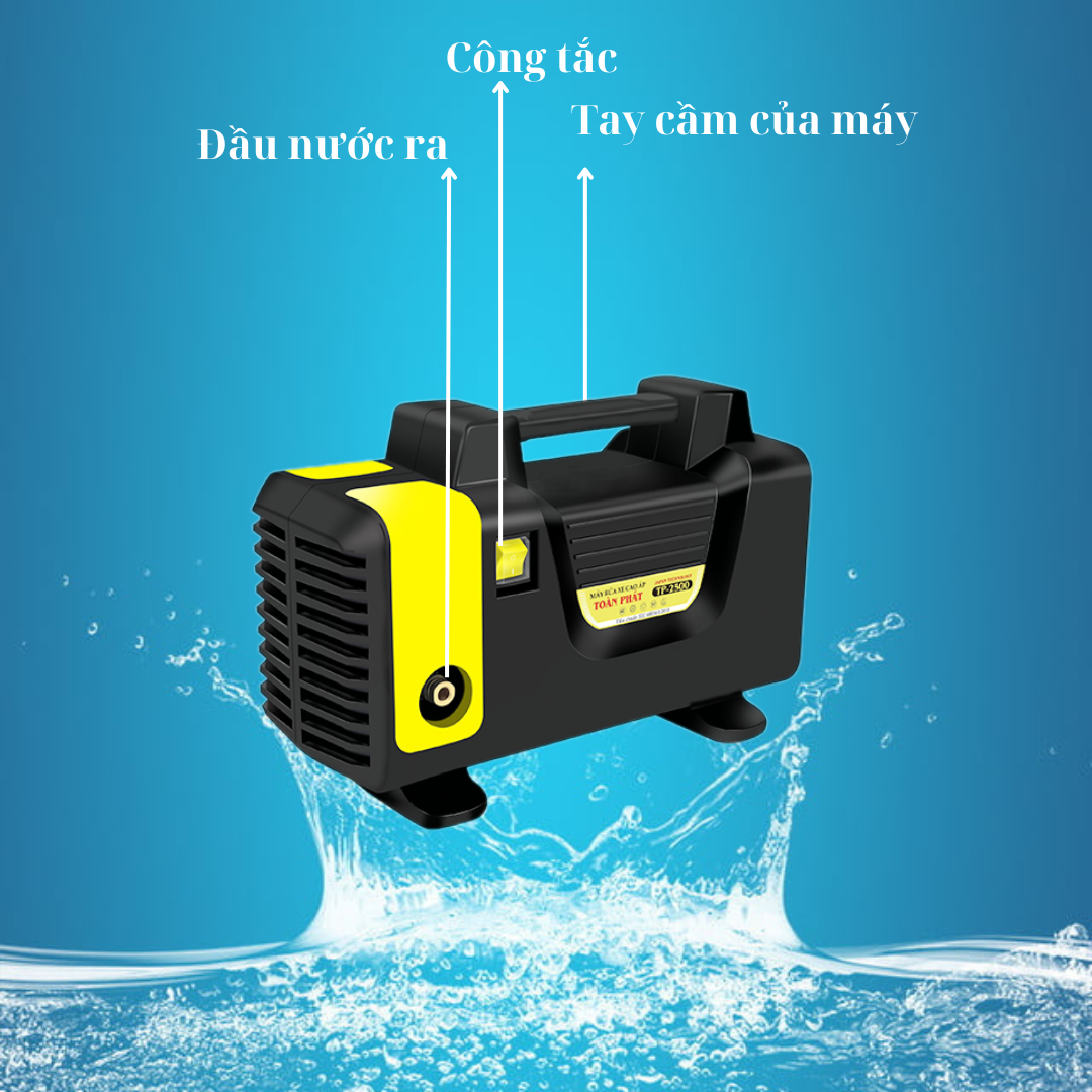 Các bộ phận của máy rửa xe Toàn Phát TP 2500 bao gồm: tay cầm, công tắc, đầu hút nước vào và đầu hút nước ra.