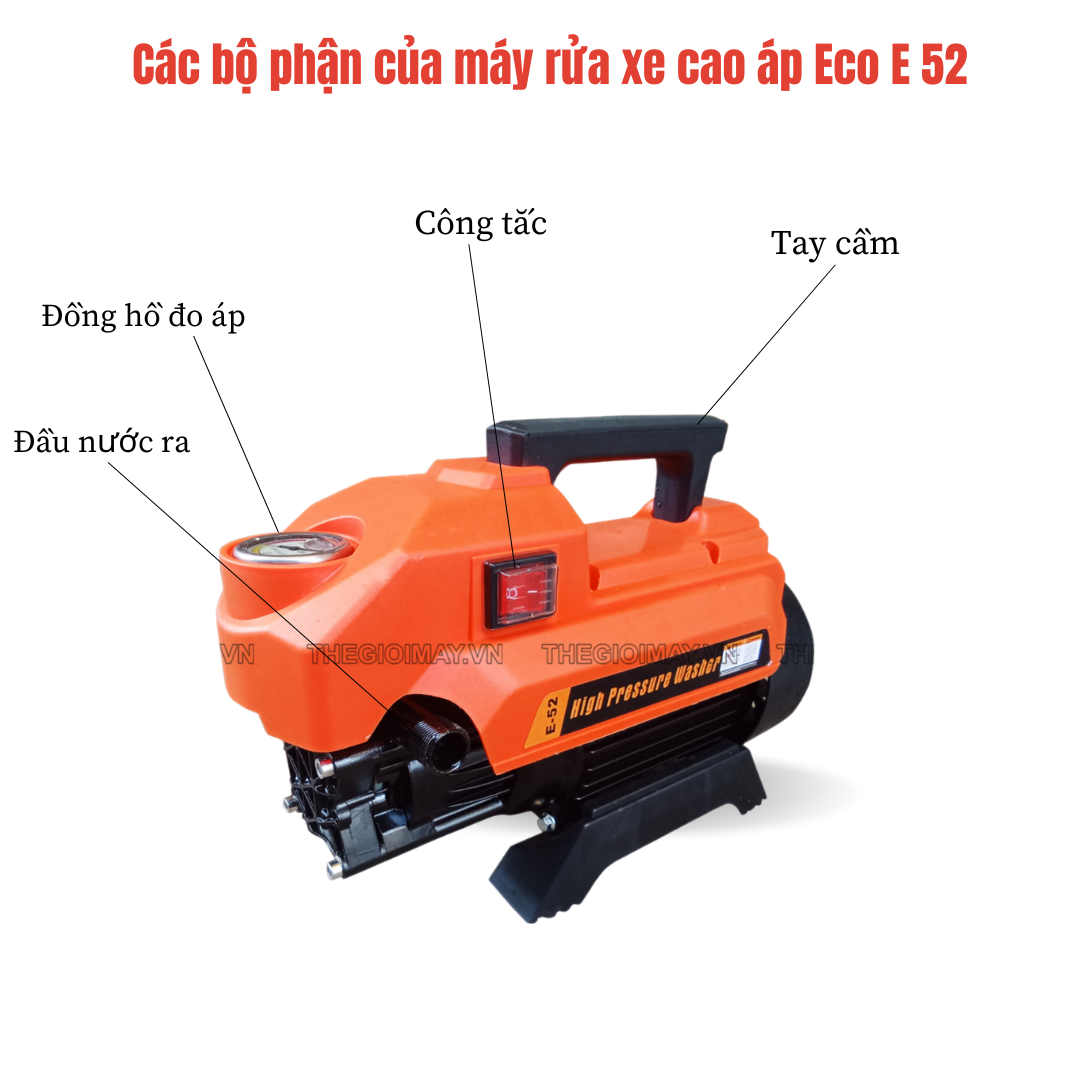 Máy rửa xe Eco E 52 có thiết kế dễ dàng lắp ráp và sử dụng. Máy rửa xe có đồng hồ đo áp hiển thị trực tiếp áp lực, đầu nước vào và đầu nước ra có thiết kế dễ dàng lắp ráp.