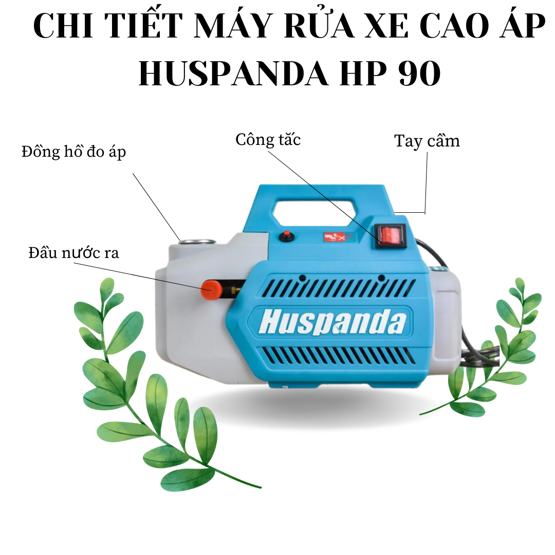 Các bộ phận của máy rửa xe cao áp Huspanda HP 90 có đồng hồ đo áp, công tắc, đầu nước vào và đầu nước ra.
