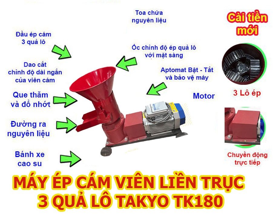 cấu tạo chi tiết của máy ép cám viên liền trục takyo tk 180 - 3 lô