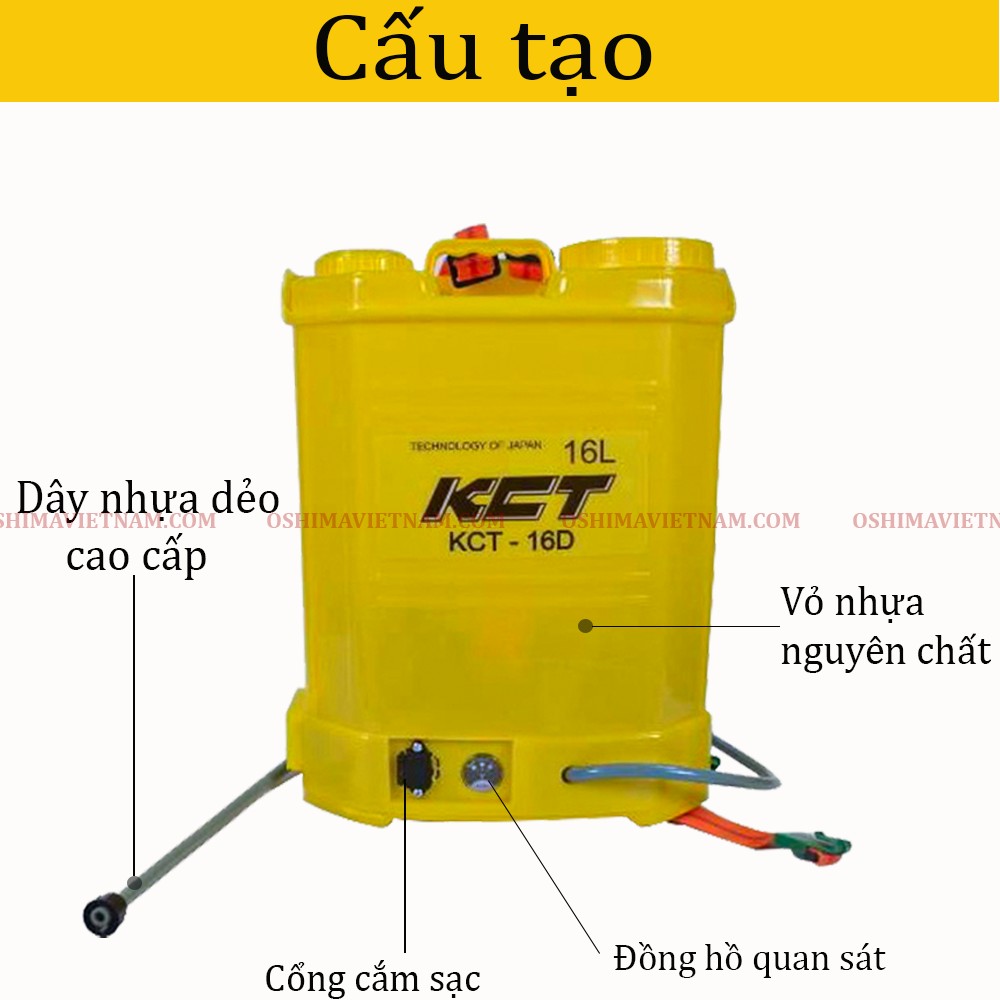 Bình xịt điện KCT 16 D có cấu tạo đơn giản, vỏ bình được làm bằng nhựa PVC nguyên chất cao cấp