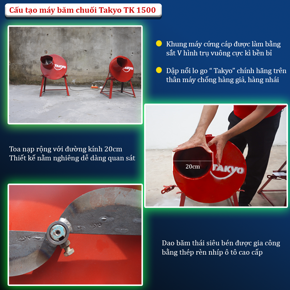 Máy thái chuối Takyo TK 1500 được làm từ chất liệu thép không gỉ, có sơn bền ngoài một lớp sơn tĩnh điện dày dặn và chắc chắn