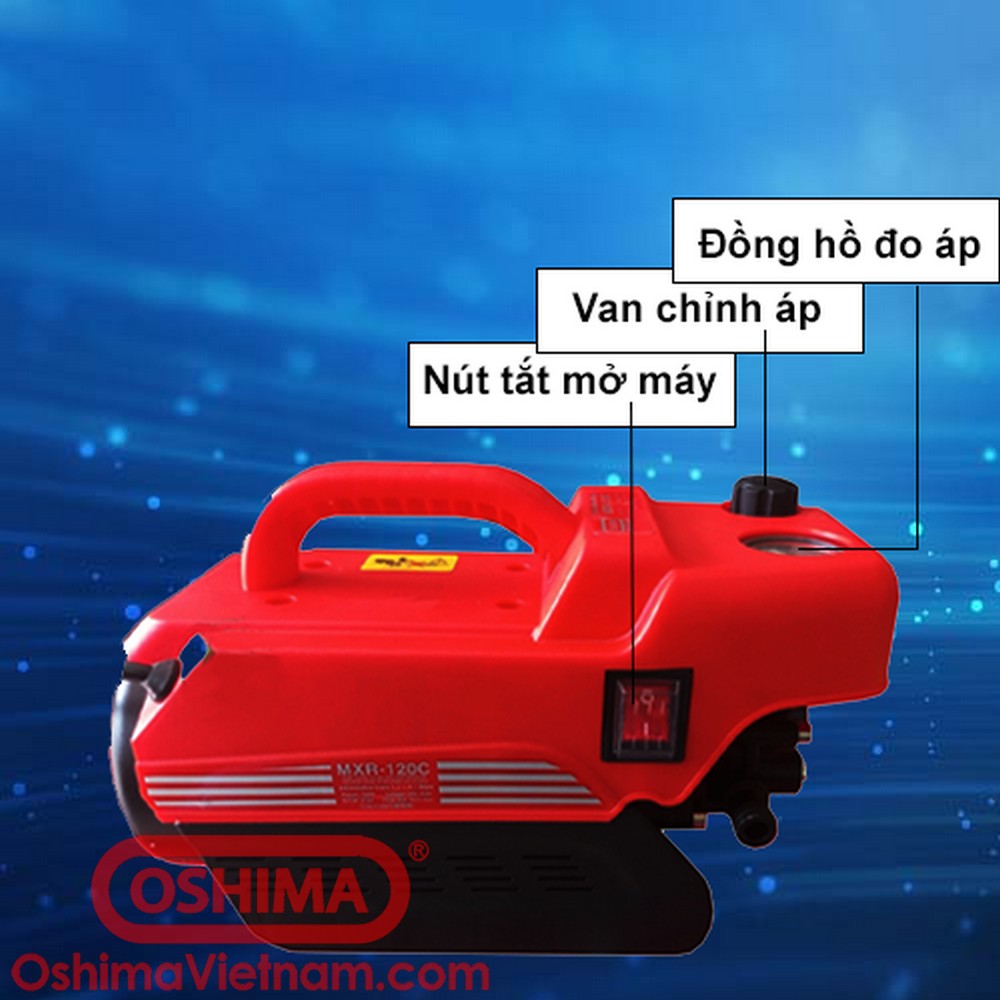 Máy rửa xe Oshima Os 120C có thiết kế cầm nắm chắc chắn, thân bơm làm bằng đồng và công tắc bọc một lớp nhựa an toàn cho người sử dụng