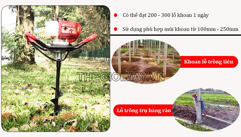 Máy khoan đất Oshima 2P được sử dụng để khoan lỗ trồng cây trồng trụ thanh long