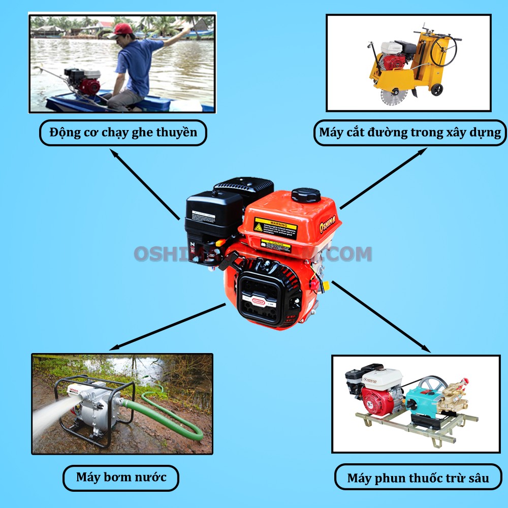 Máy nổ Oshima OS 55 được dùng để làm động cơ chạy ghe, thuyền hoặc chạy máy bơm nước và máy phun thuốc 