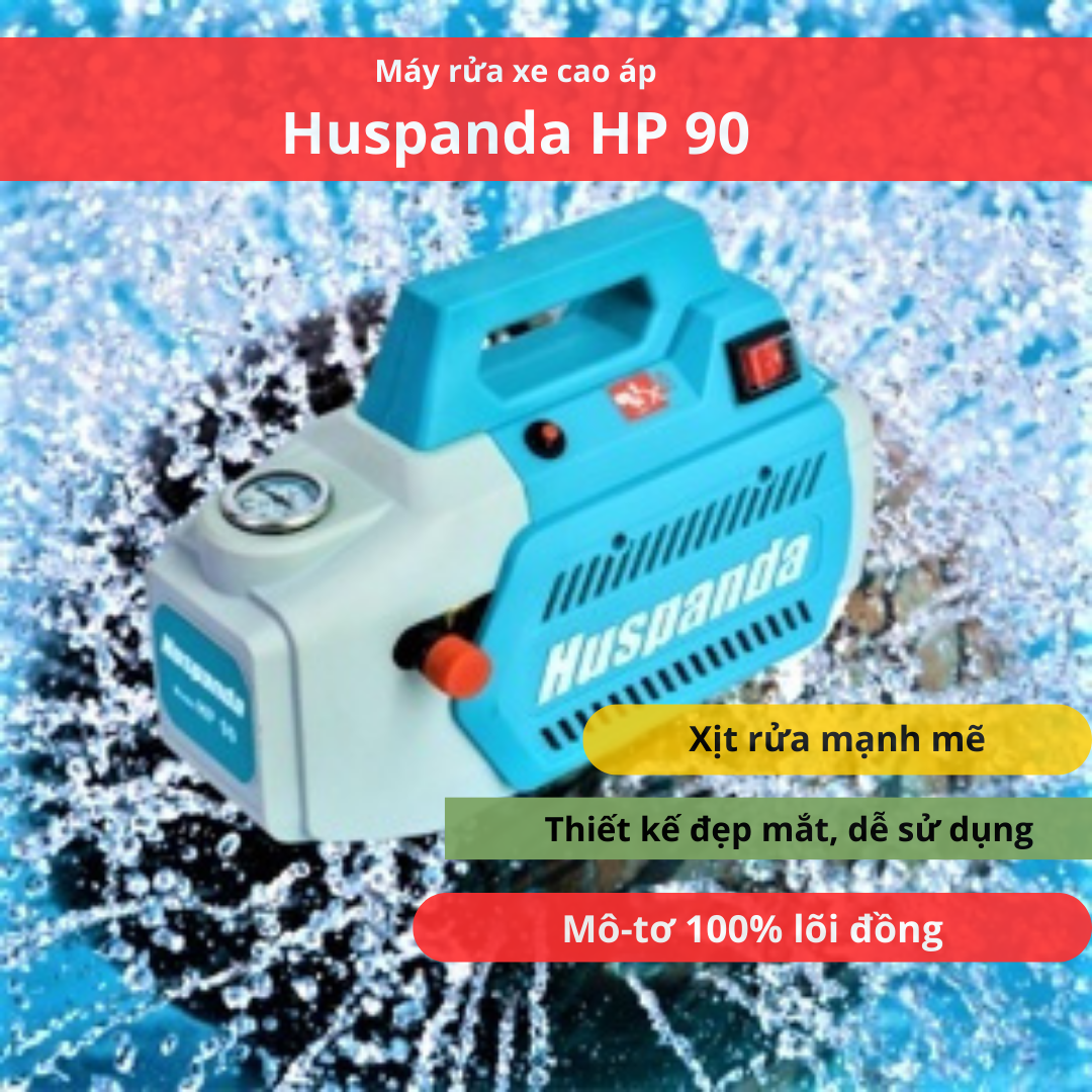 Máy rửa xe cao áp Hus[anda HP 90 trang bị mô-tơ mạnh mẽ, khả năng xịt rửa mạnh và loại bỏ bụi bần dễ dàng.