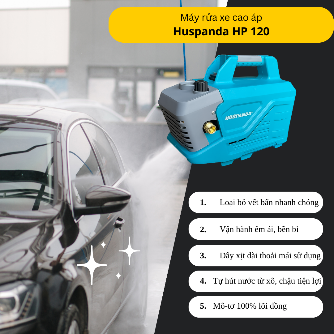Máy rửa xe cao áp Huspanda HP 120 được thiết kế theo công nghệ Nhật Bản, có khả năng tự động hút nước, khả năng xịt rửa mạnh mẽ loại bỏ vết bẩn nhanh chóng.