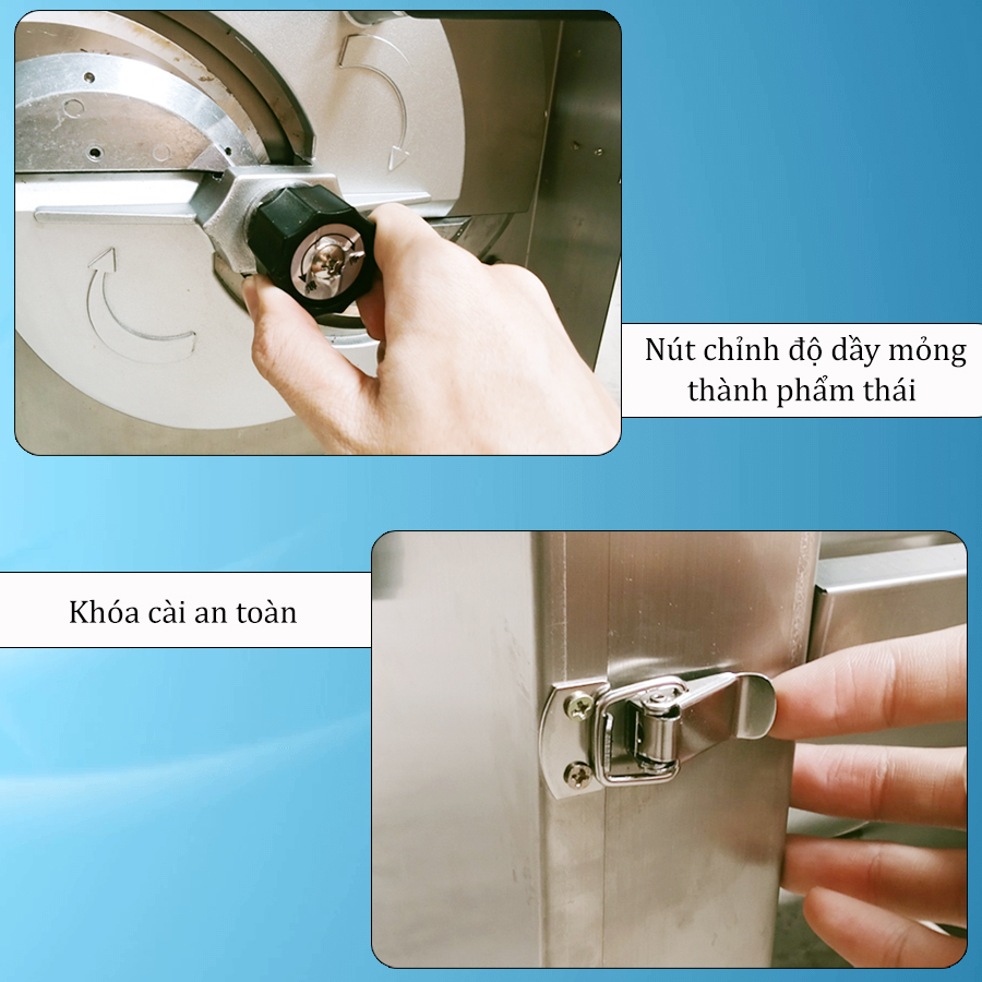 Nút chỉnh độ dầy mỏng và khoá cài an toàn máy thái bắp chuối inox