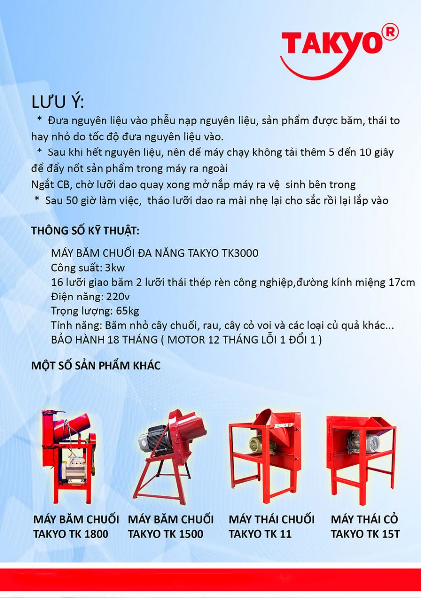 Lưu ý khi sử dụng máy băm thái chuối Takyo Tk 3000