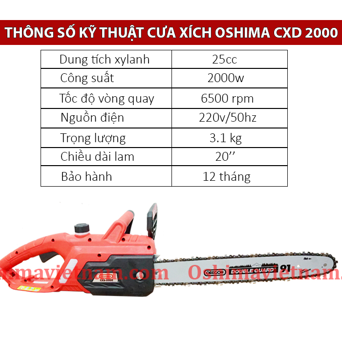 Thông số kỹ thuật máy cưa xích điện Oshima CXD 2000