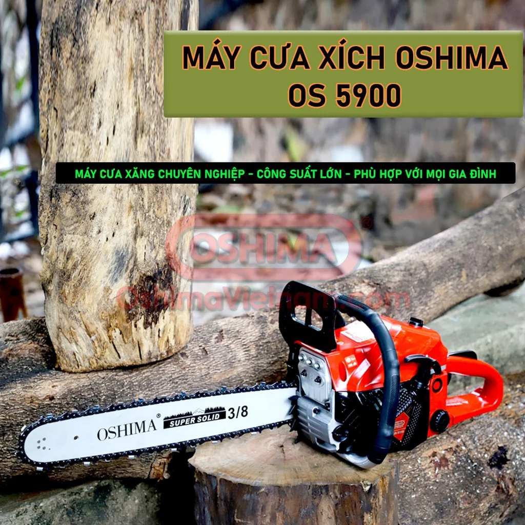 ​Máy cưa xích Oshima OS 5900 với công suất 2.5KW sử dụng nguyên liệu xăng pha nhớt 2 thì​