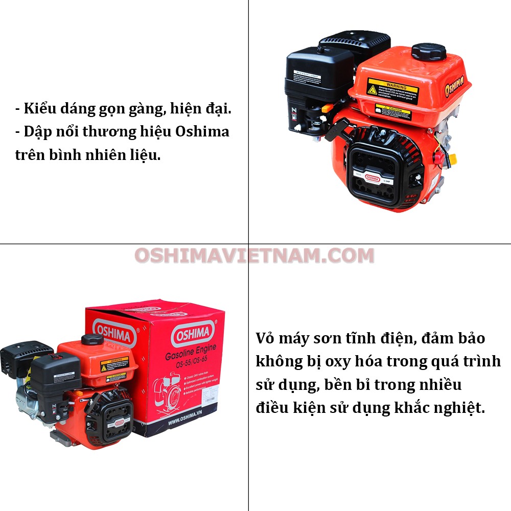 Vỏ máy của máy nổ Oshima OS 55 được sơn tĩnh điện giúp phòng chống tình trạng oxy hóa trong quá trình sử dụng