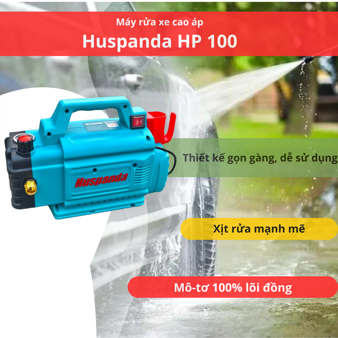 Máy rửa xe Huspanda HP 100 giúp bà con có thể xịt rửa xe số, xe tay ga, xe ô tô một cách nhanh chóng và dễ dàng.