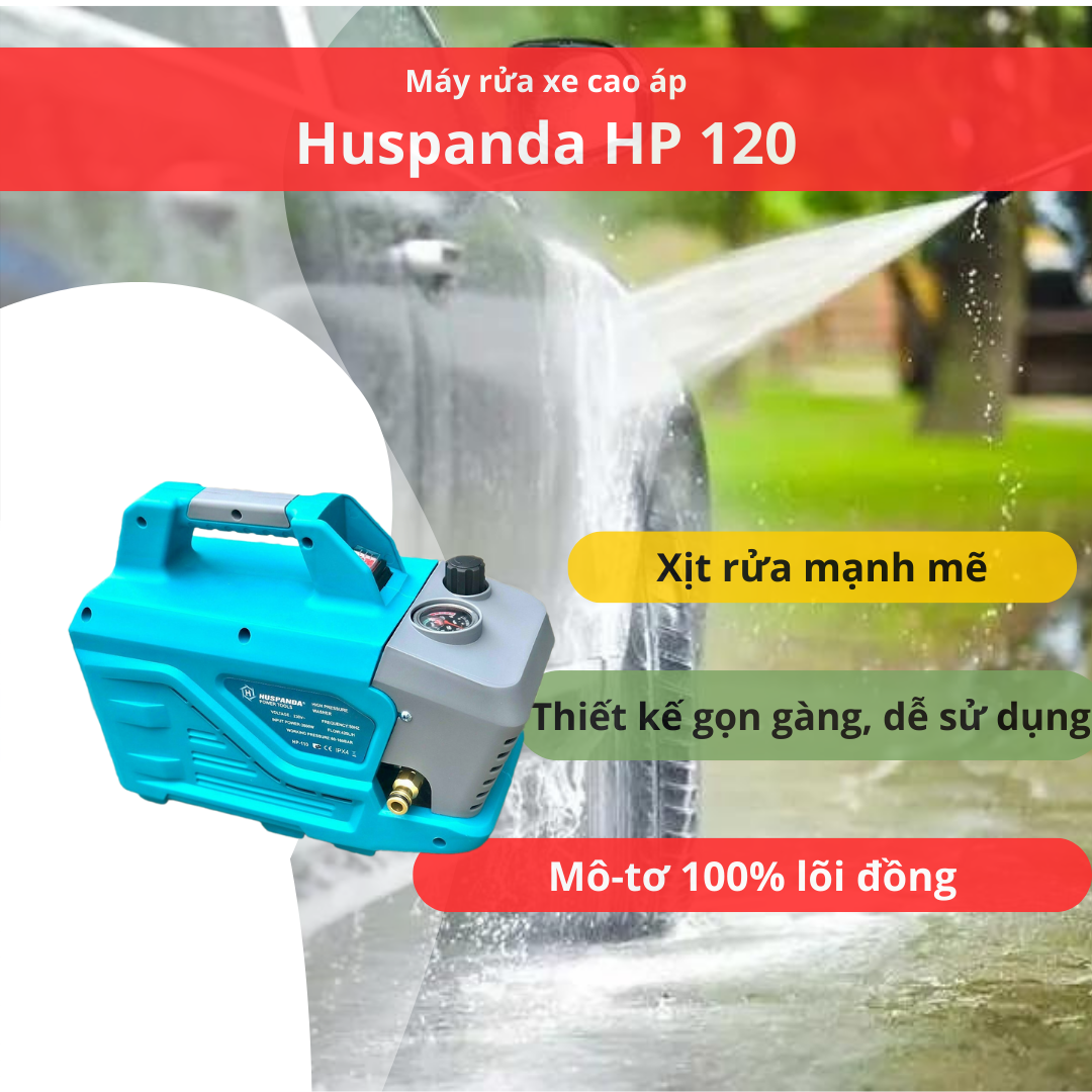 Dòng máy rửa xe cao áp Huspanda HP 120 trang bị công suất lên đến 2800 W cho ra khả năng xịt rửa  vô cùng mạnh mẽ.
