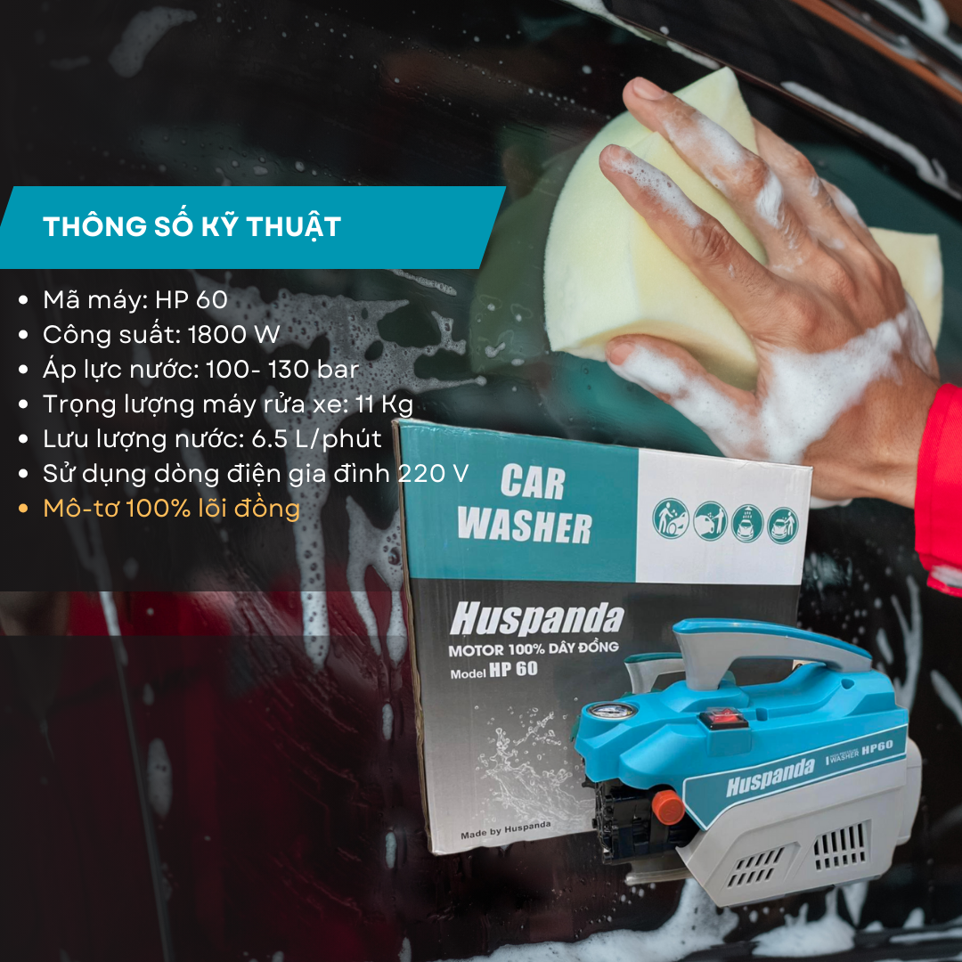 Máy rửa xe cao áp Huspanda HP 60 trang bị công suất lên đến 1800W, áp lực nước cao là 130 bar, mô-tơ 100% lõi đồng.
