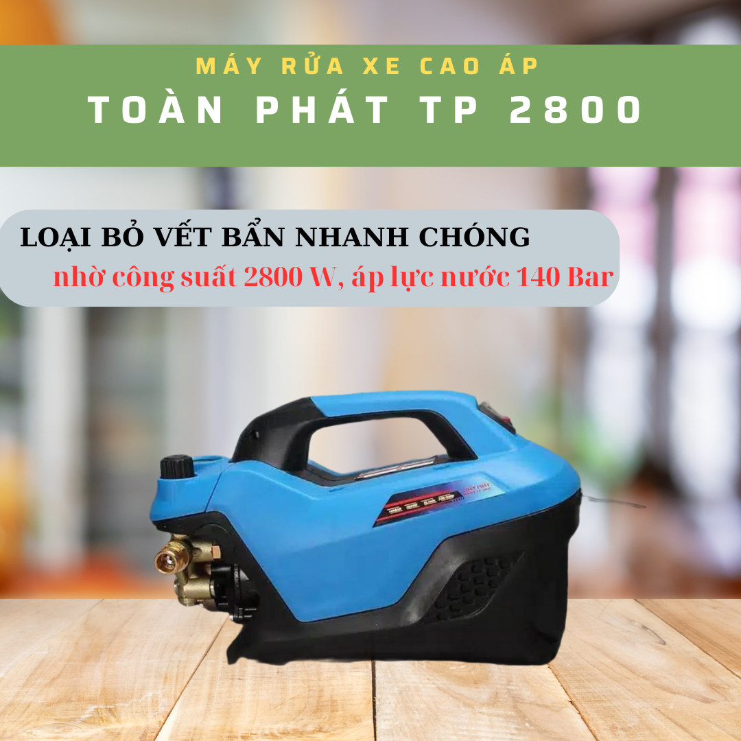 Máy rửa xe cao áp Toàn Phát TP 2800 trang bị công suất lên đến 2800 W, áp lực cao là 140 bar giúp máy rửa xe số, xe tay ga, xe ô tô trong một cách dễ dàng.