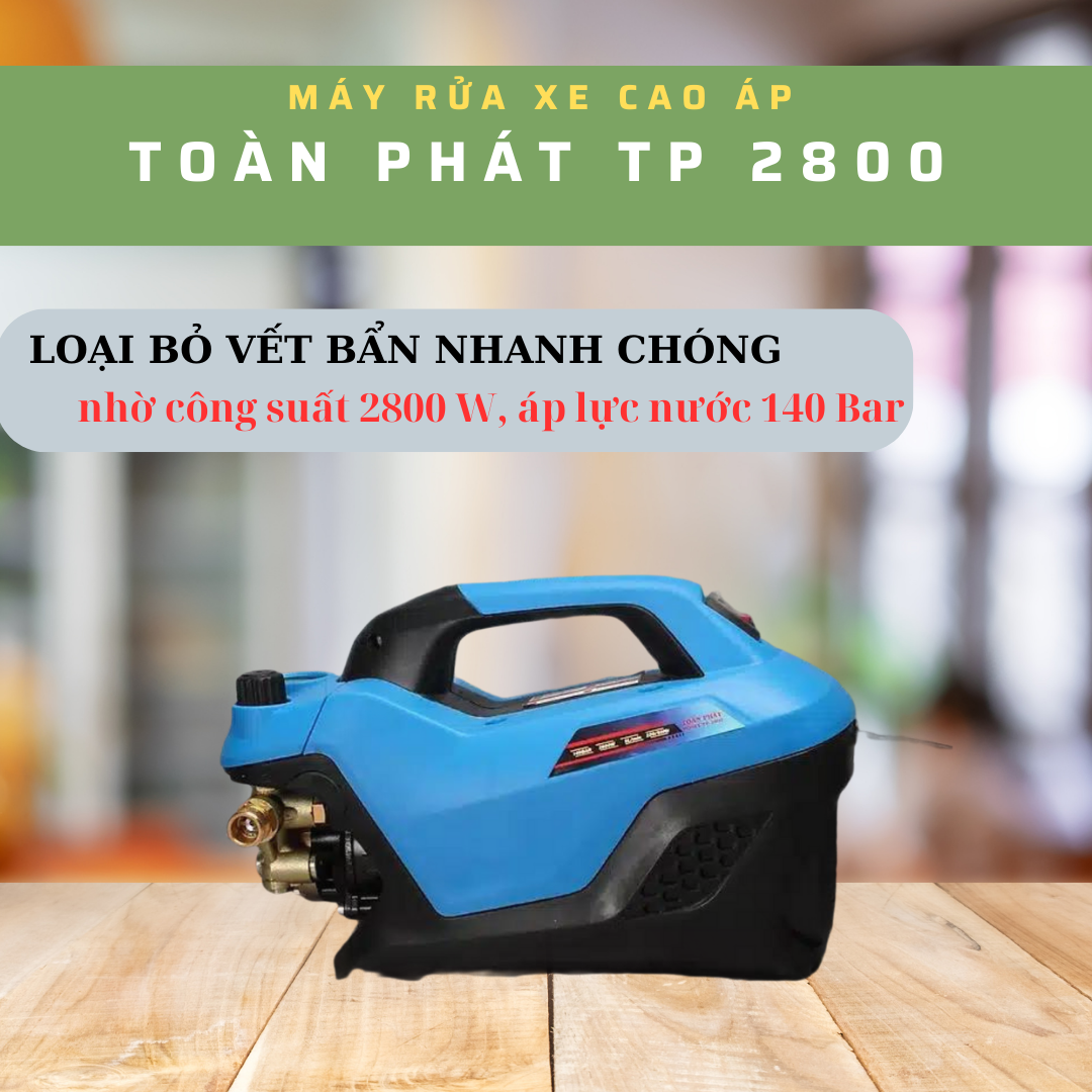 Máy rửa xe cao áp Toàn Phát trang bị công suất lên đến 2800 W, áp lực làm việc là 140 Bar với mô-tơ 100% lõi đồng.