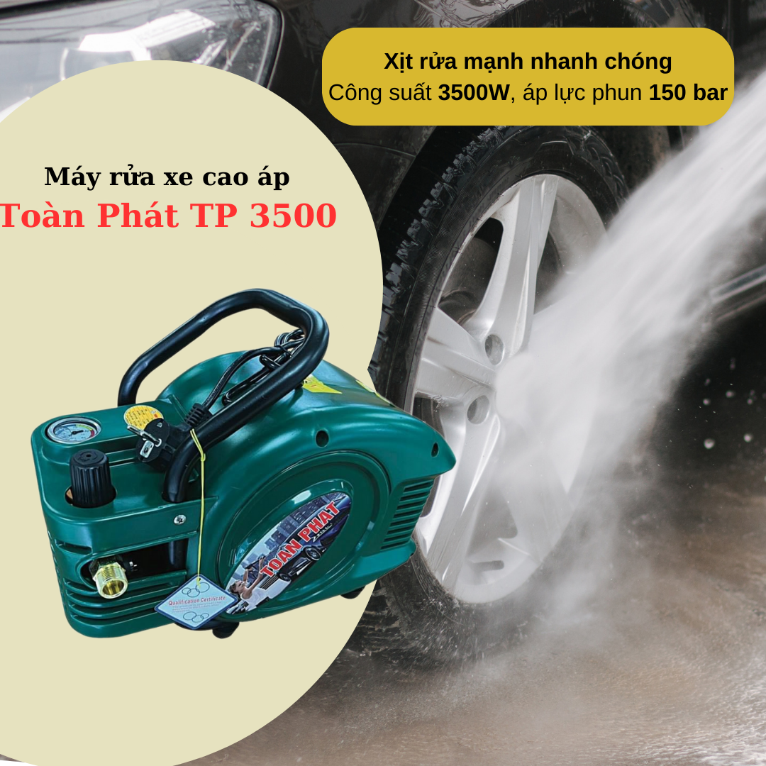 Máy rửa xe cao áp Toàn Phát TP 3500 trang bị công suất lên đến 3500 W mang đến khả năng xịt rửa mạnh mẽ, đánh bay bụi bẩn một cách dễ dàng.