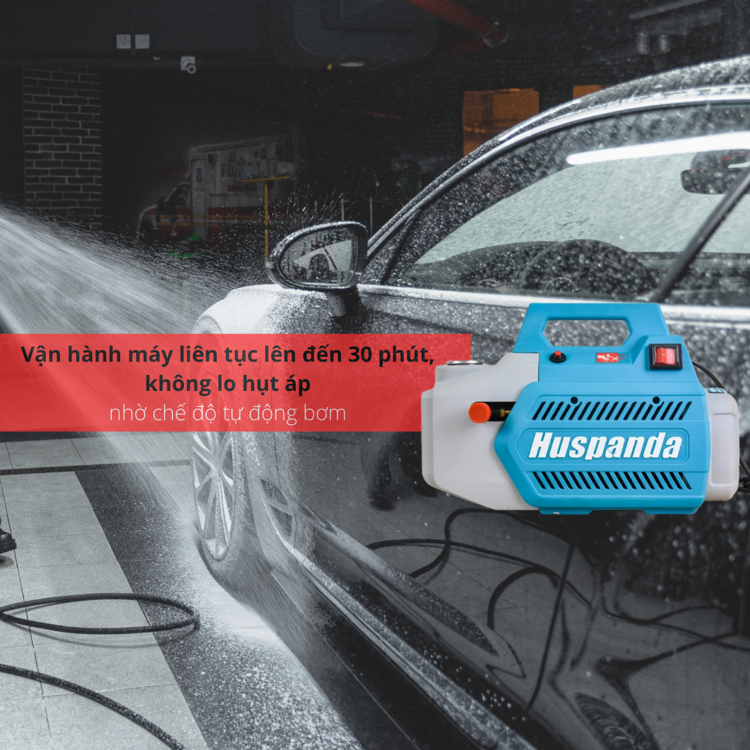 Máy rửa xe cao áp Huspanda HP 90 hoạt động thời gian dài lên đến 30 phút nhờ mô-tơ 100% lõi đồng.
