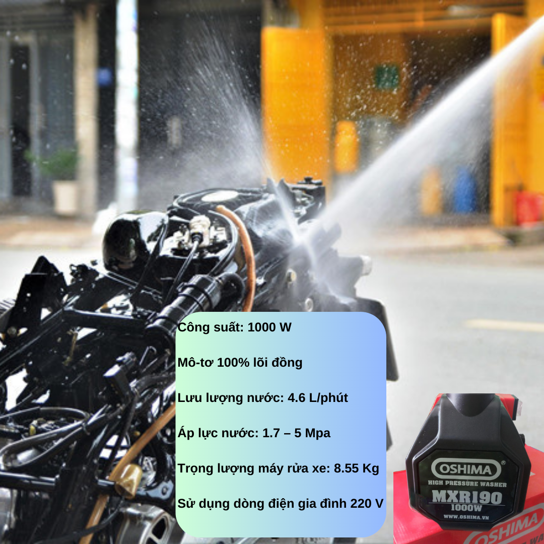 Máy rửa xe có công suất lên đến 1000W, áp lực làm việc là 5 Mpa sẽ giúp bà con xịt rửa xe số, xe tay ga được dễ dàng