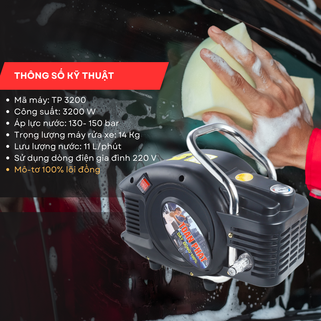 Máy rửa xe Toàn Phát TP 3200 trang bị công suất lên đến 3200 W với áp lực nước mạnh lên đến 150 Bar, mô-tơ 100% lõi đồng