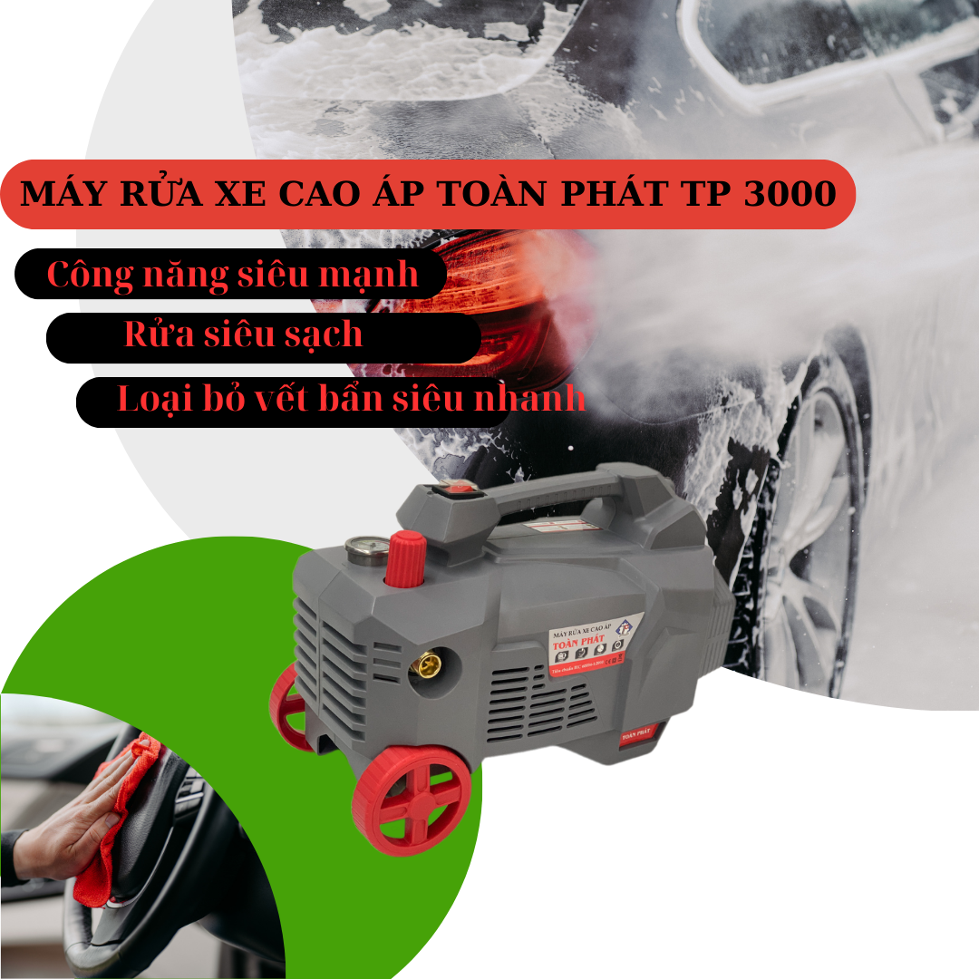 Máy rửa xe cao áp Toàn Phát TP 3000 trang bị công suất 3000 W, áp lực làm vệc lên đến 150 Bar cho ra khả năng xịt rửa vô cùng mạnh mẽ
