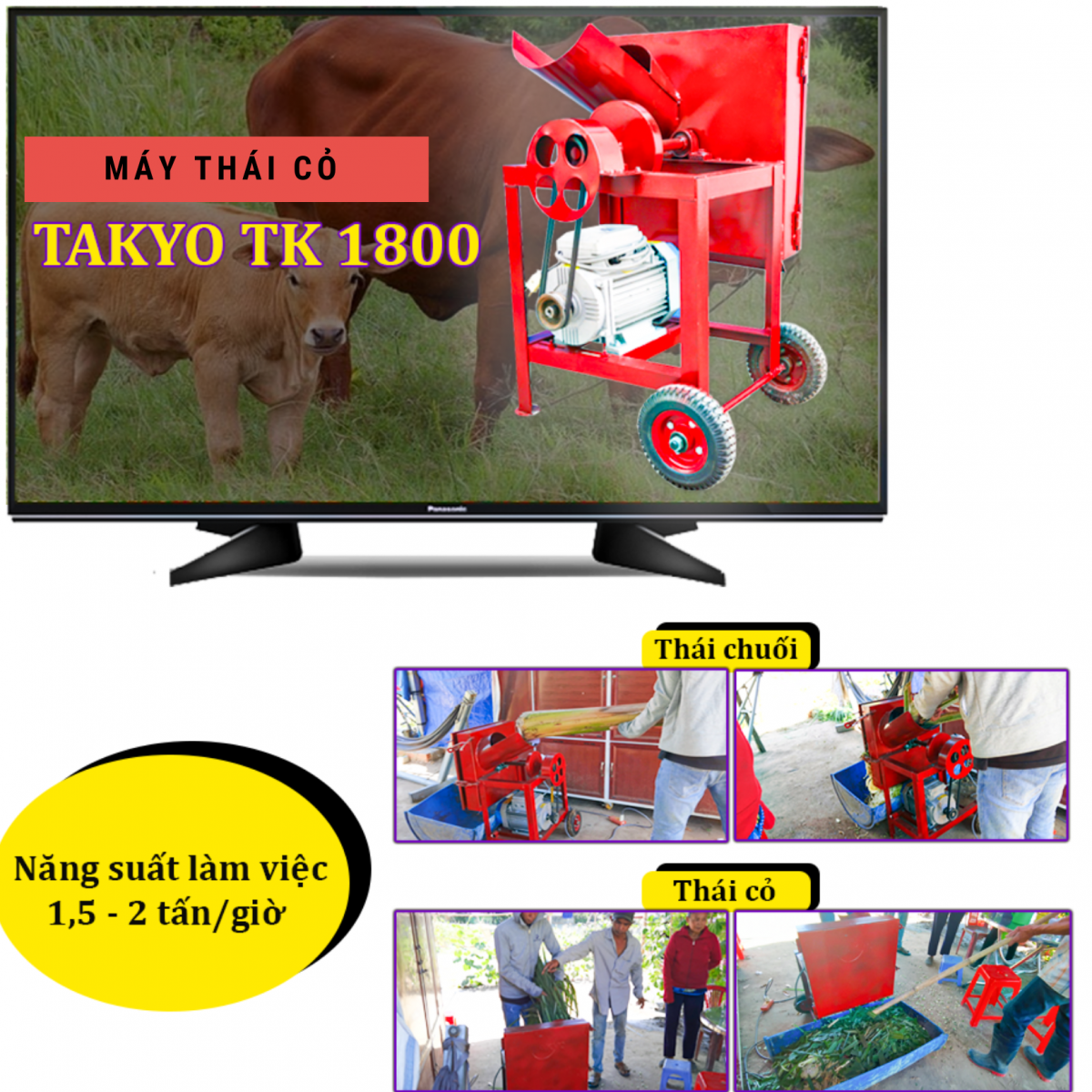 Máy thái cỏ chất lượng Takyo TK 1500 có thể thái được thân cây chuối, cỏ voi, rau bèo được dễ dàng