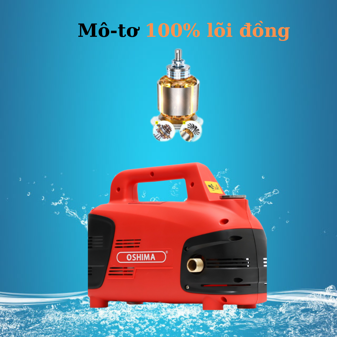 Máy rửa xe Oshima MXR 500 sử dụng mô-tơ 100% lõi đồng giúp máy chạy mạnh, êm ái và bền bỉ