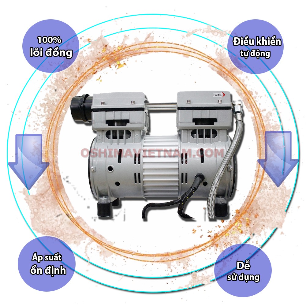 Đầu nén của máy nén khí không dầu Oshima 40L có công suất 3HP với lõi 100% là dây đồng