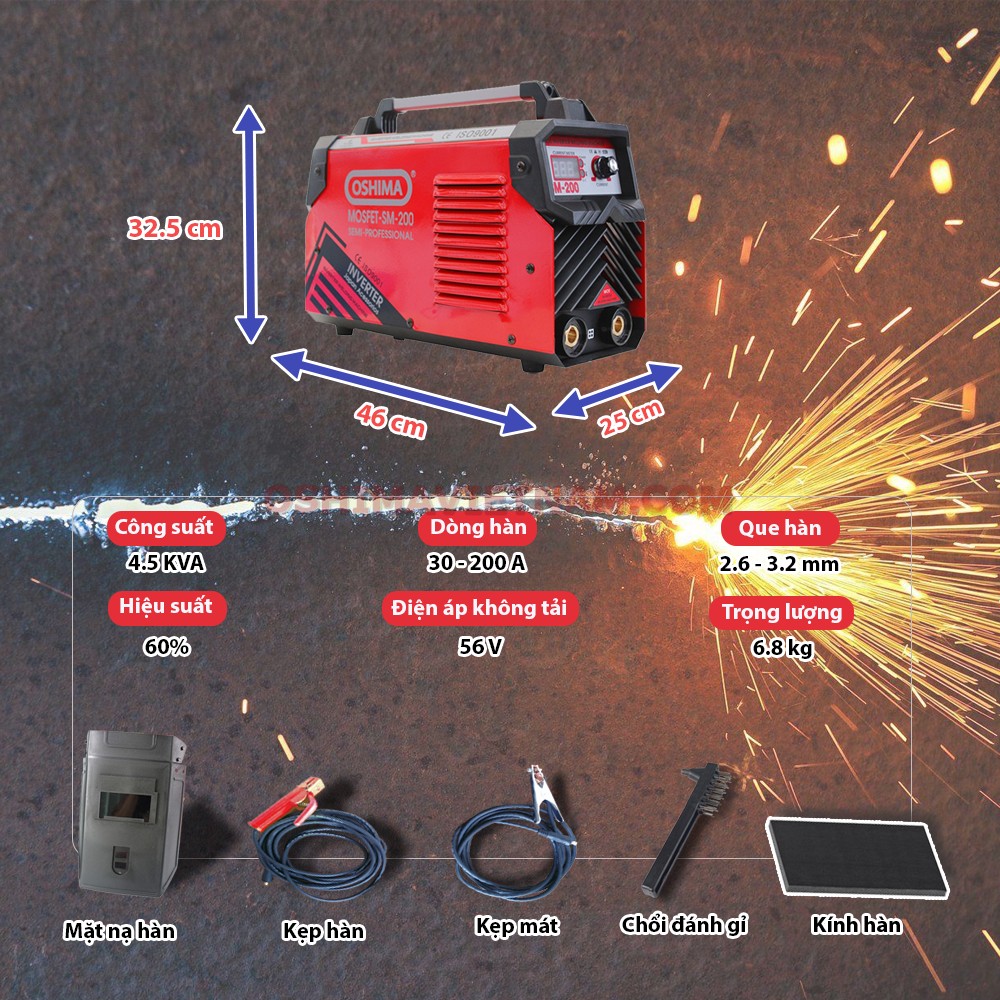 Thông số kỹ thuật và phụ kiện đi kèm máy hàn điện tử Oshima Mosfet SM 200 N