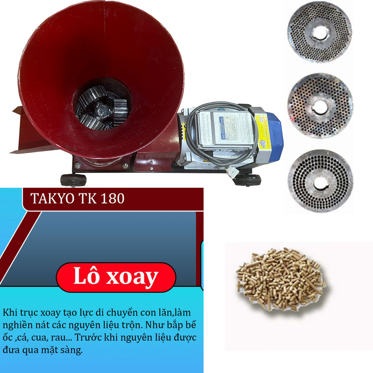 Sàng của máy ép cám viên liền trục Takyo TK 180 - 3 lô cũng được nâng cấp cải tiến với sàng thiết kế kiểu hình phễu hai đầu