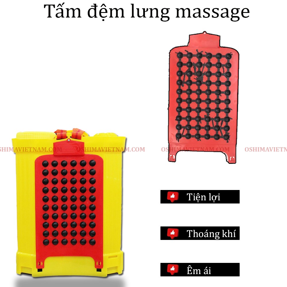 Tấm đệm lưng của bình xịt điện oshima os 20 vàng được trang bị các lỗ thoáng khí vô cùng dễ chịu cùng với sự êm ái từ cao su