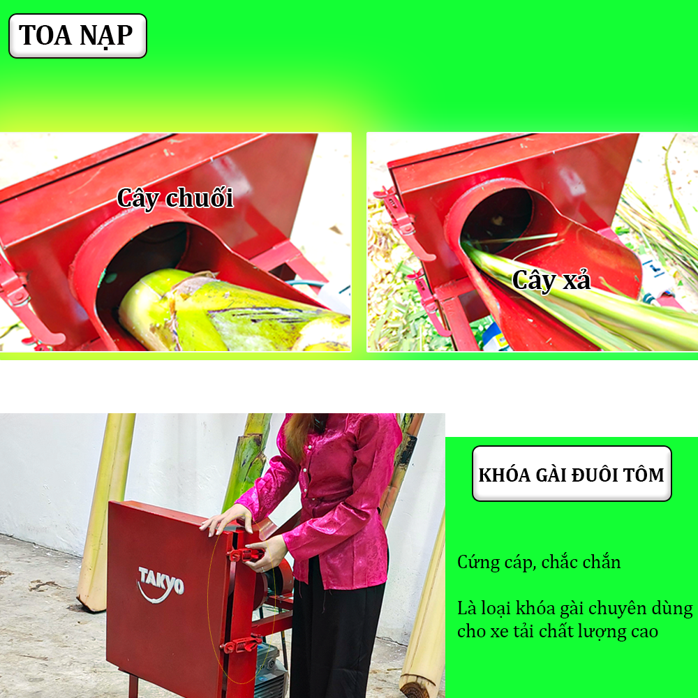 Toa nạp nguyên liệu rộng của máy thái rau chuối Takyo TK 1800 giúp bà con có thể nạp nguyên liệu được dễ dàng