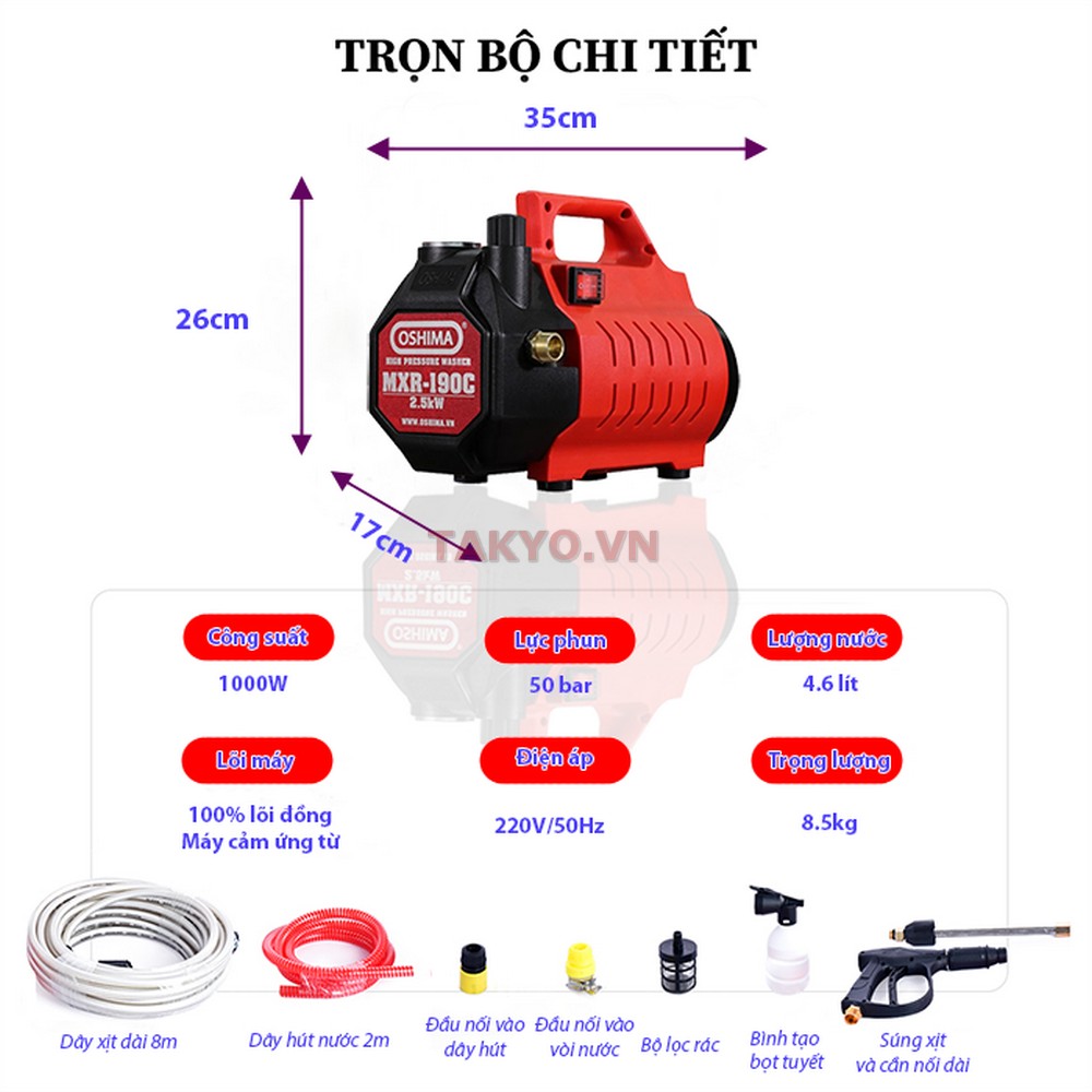 Thông số kỹ thuật và phụ kiện đi kèm theo máy rửa xe Oshima OS 190 C