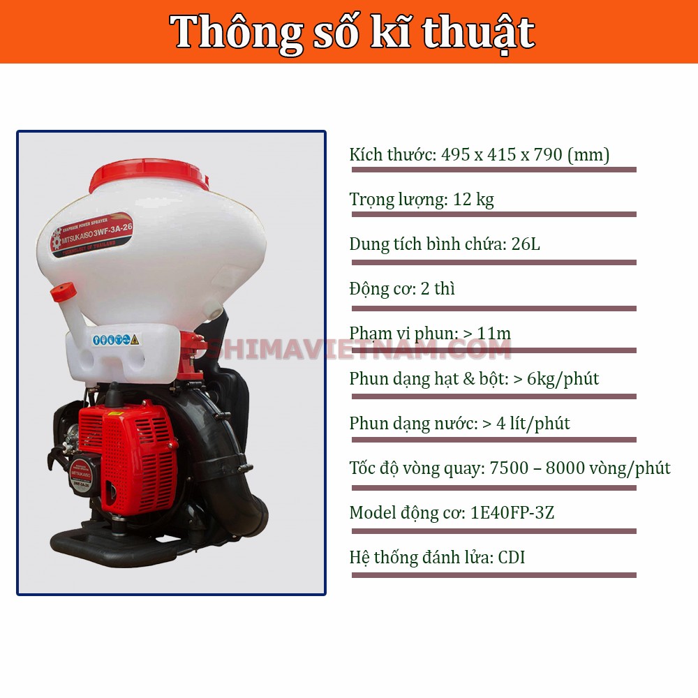 Thông số kỹ thuật của bình xịt xạ phân Mitsukaisho 3WF-3A-26