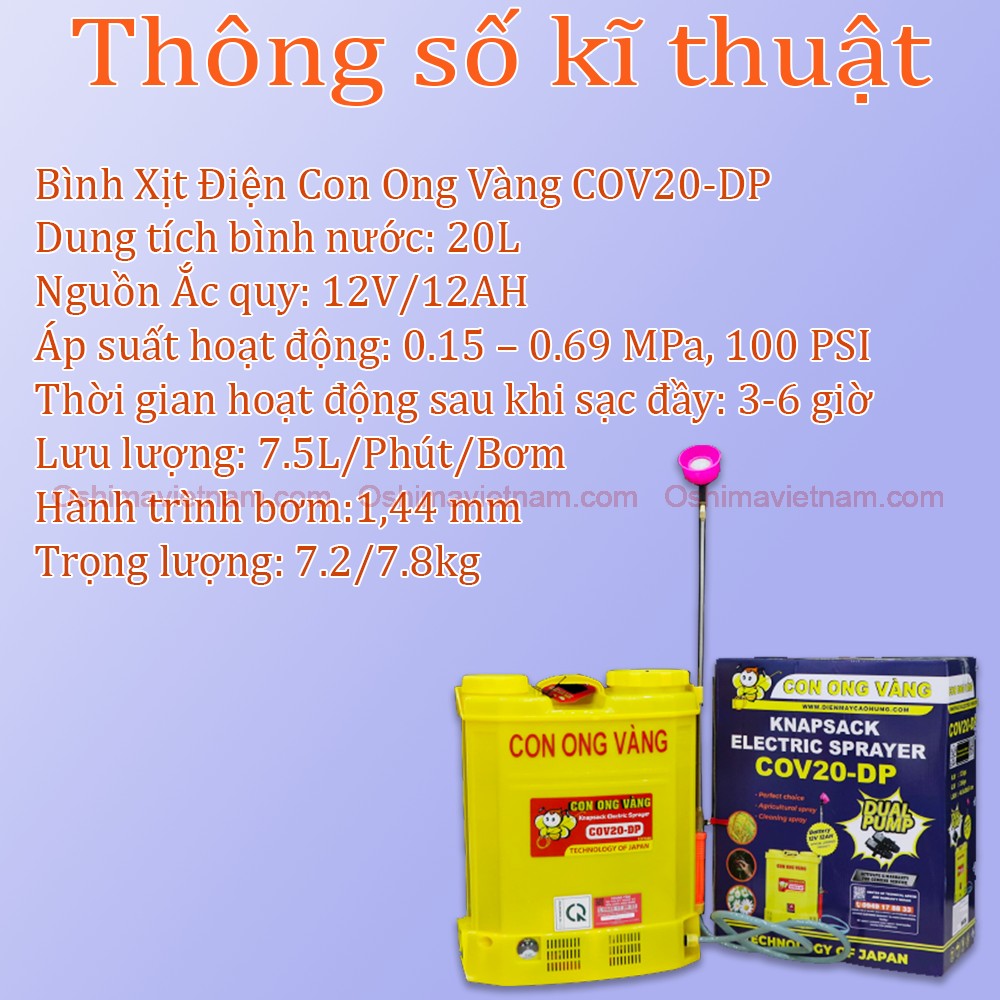 thông số kỹ thuật của bình xịt điện con ong vàng bơm đôi cov 20dp