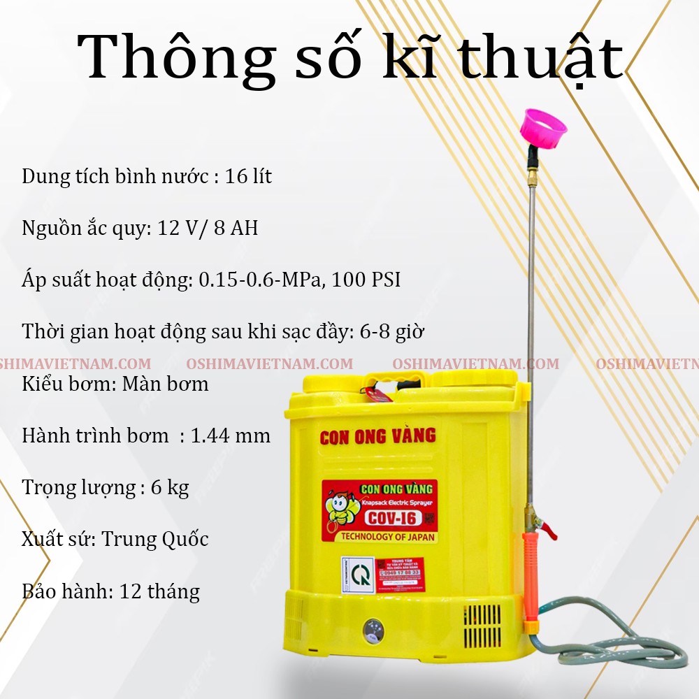 Thông số kỹ thuật của bình xịt điện con ong vàng COV 16 D