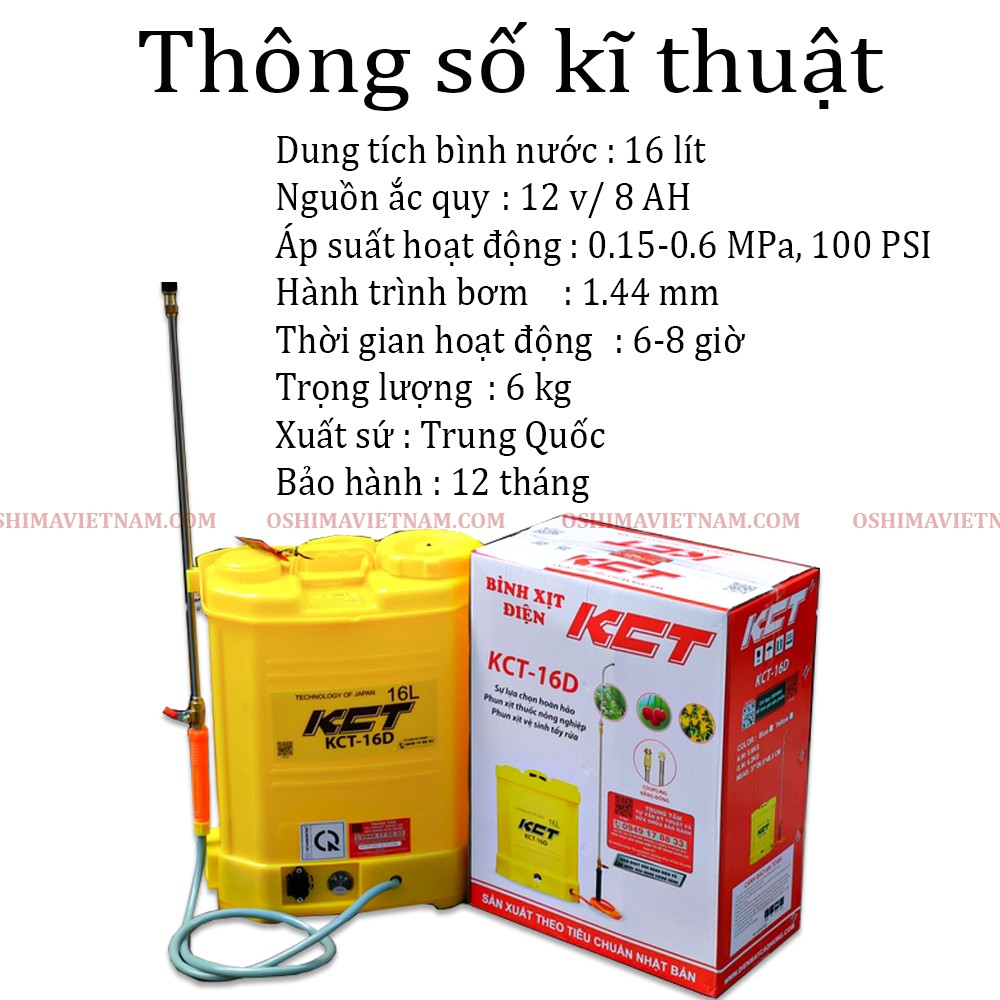 Thông số kỹ thuật của bình xịt điện KCT 16 D