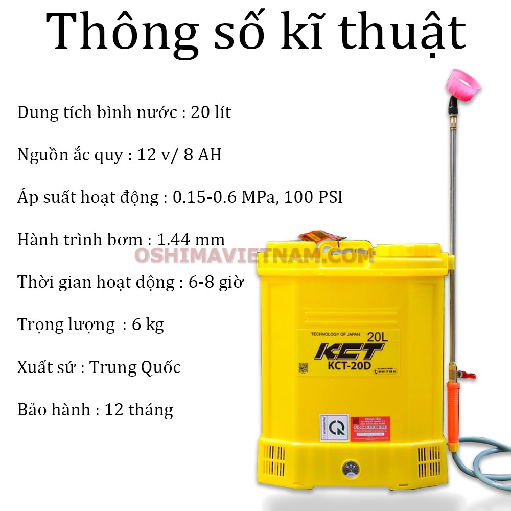 Thông số kỹ thuật của bình xịt điện KCT 20