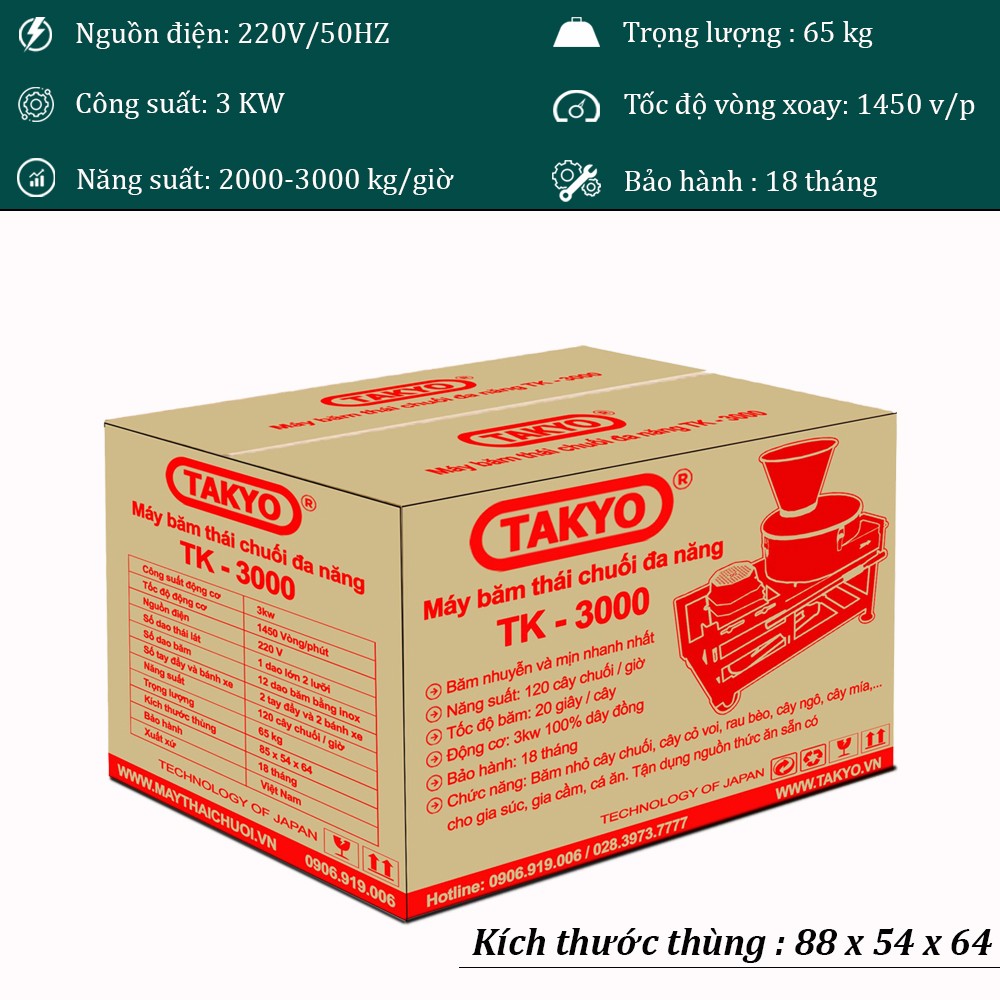 thông số kỹ thuật của máy băm chuối takyo tk 3000
