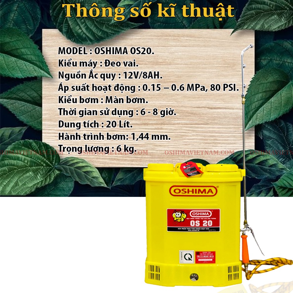 Thông số kỹ thuật của bình xịt điện Oshima OS 20 vàng