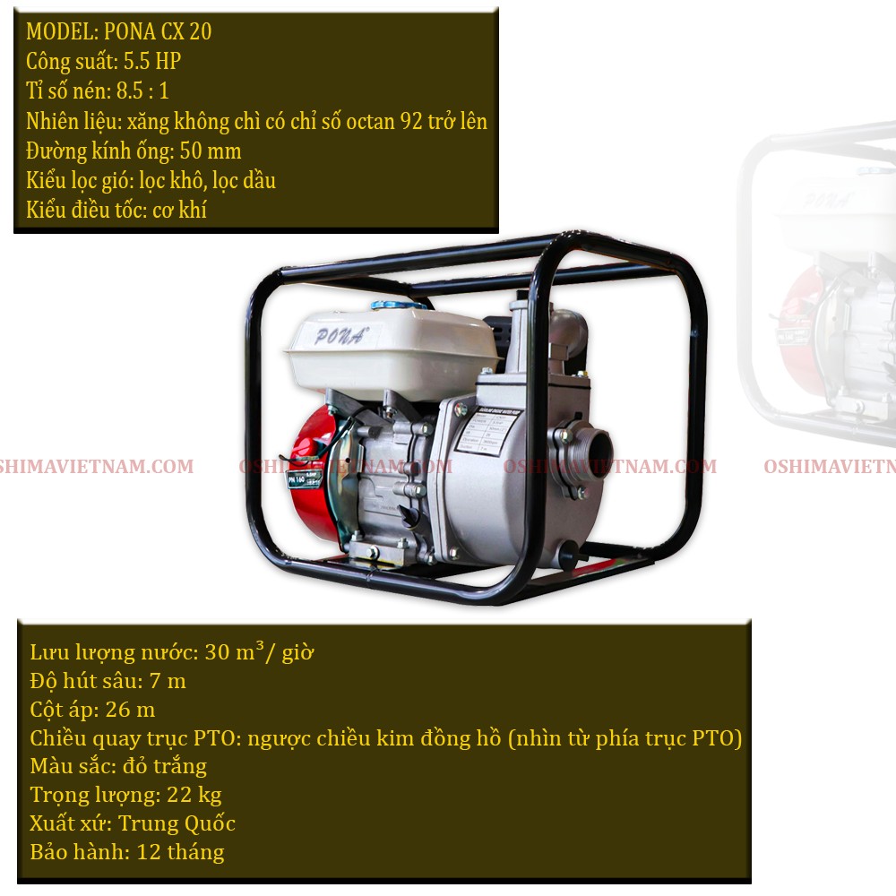 Thông số kỹ thuật của máy bơm nước PONA CX 20 