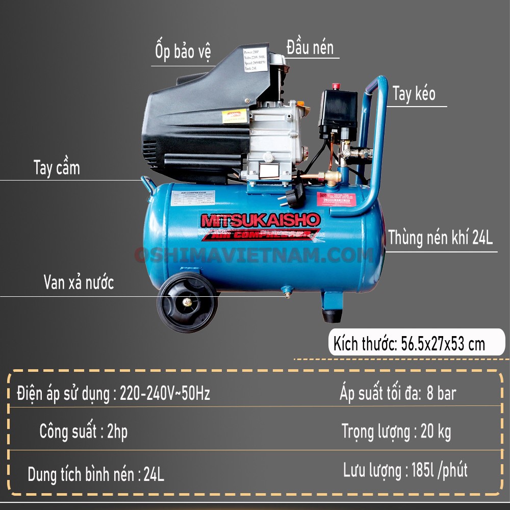 Thông số kỹ thuật của máy nén khí Mitsukaisho 24L có dầu