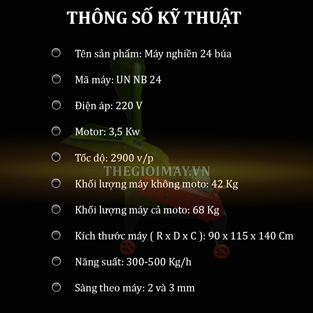 máy nghiền thức ăn chăn nuôi 24 búa UN NB-24 sử dụng động cơ công suất 3kw được quấn 100% dây đồng