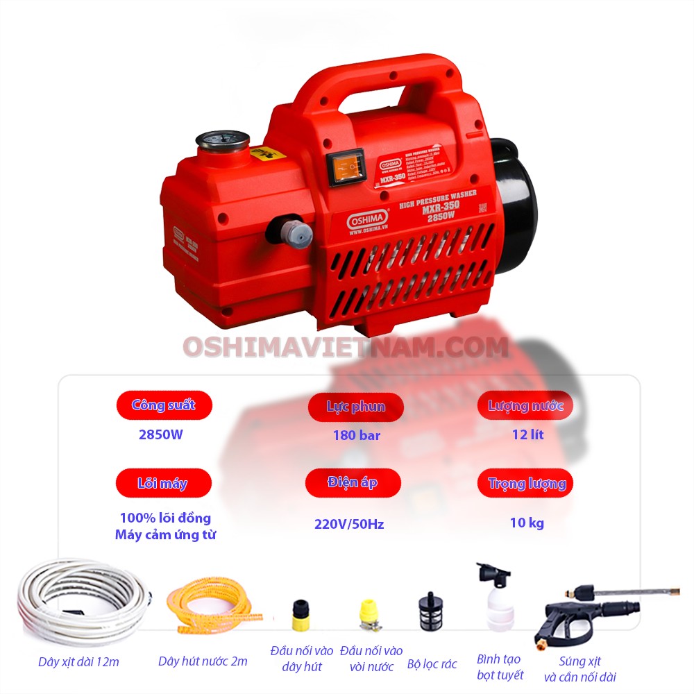 Thông số kỹ thuật và phụ kiện đi kèm của máy rửa xe áp lực cao Oshima OS 350