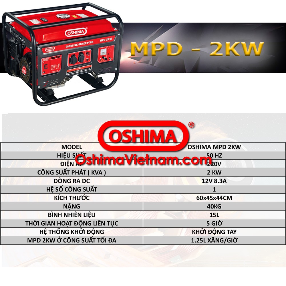 Thông số kỹ thuật máy phát điện Oshima MPD 2kw